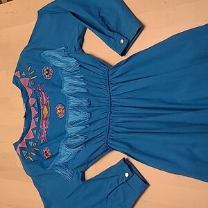 VTG 1980s SASSA Bold Bright Blue Gemstone Westernwear Fringe Dress with Pockets